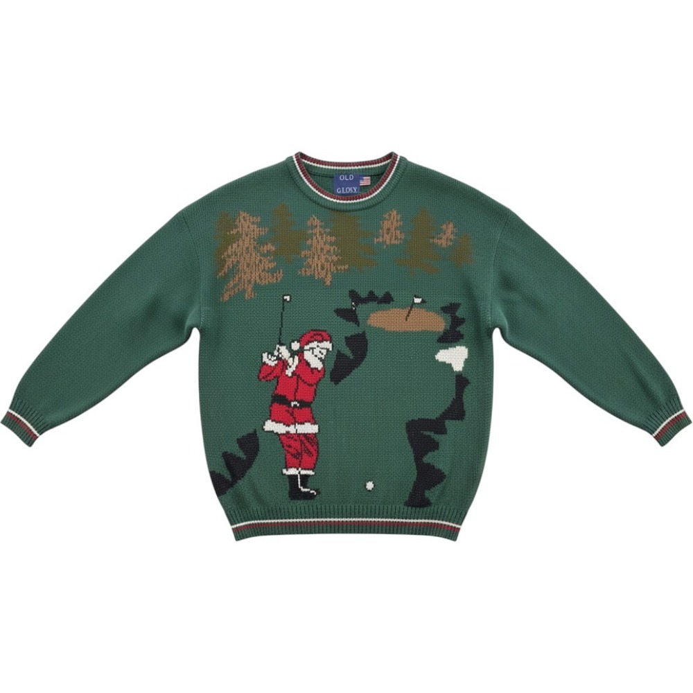 Old Glory Golfing Santa Sweater Mens L Green Good Vintage Holiday Intarsia